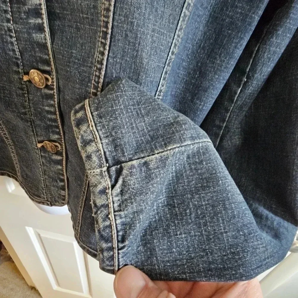 Live a Little Women Large Denim Jacket Dark Blue Cotton Trucker Archival Western - Picture 6 of 10